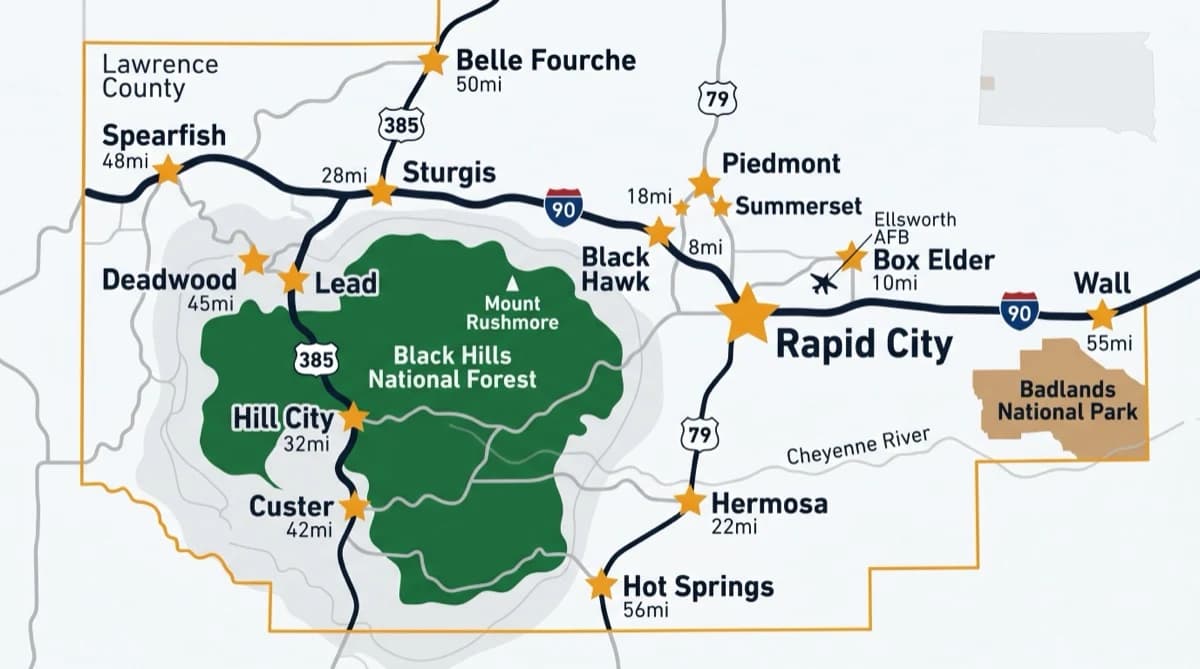 Black Hills service area map showing Rapid City, Box Elder, Black Hawk, Piedmont, Summerset, Sturgis, Spearfish, Deadwood, Lead, Belle Fourche, Hill City, Custer, Hermosa, Hot Springs, and Wall. All cities Rapid City Auto Detailing serves across western South Dakota.